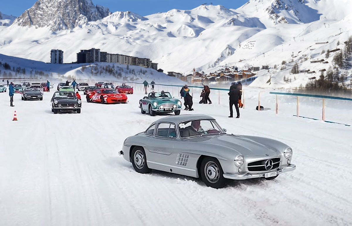 Um Mercedes-Benz SLA 300, prata em St. Moritz.