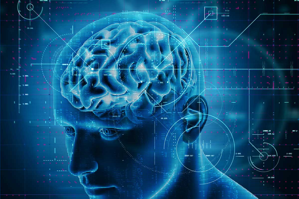 Design de tecnologia médica 3D sobre figura masculina com o cérebro em destaque