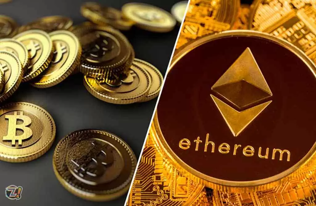 Imagem mostra moedas de bitcoin e ether