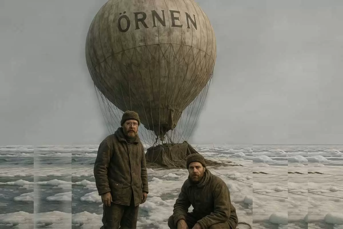 O balão e dois integrantes da tripulação da Expedição Andrée O balão e dois integrantes da tripulação da Expedição Andrée